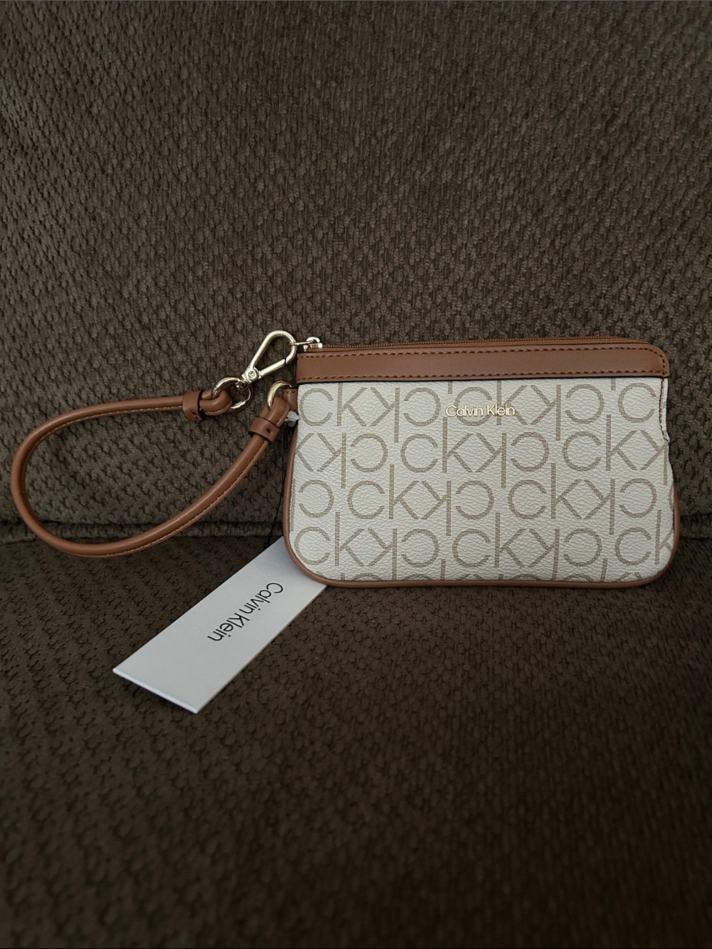 Calvin Klein Beige & Brown CK Logo Wristlet with Strap